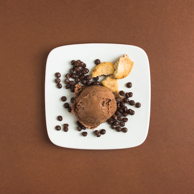 Chocolate ice cream on plate