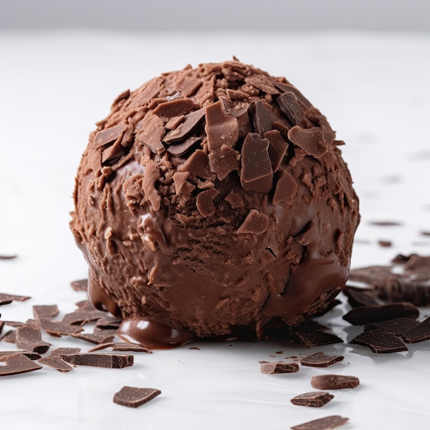 Chocolate ice cream scoop ball with chocolate chips on white background Ai generative