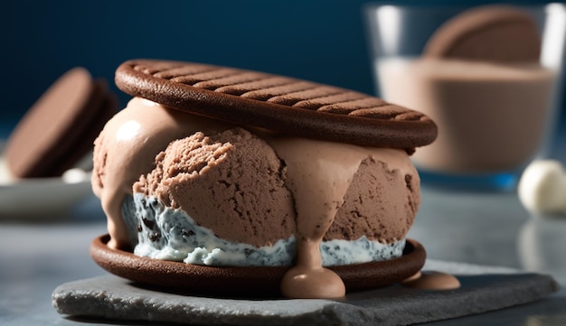 초콜릿 아이스크림 국자는 그 뒤에 우유 한 잔이 있는 돌 표면에 있습니다.