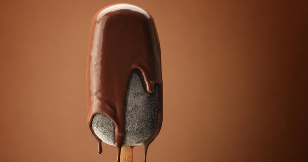 막대기에 초콜릿 아이스크림과 액체 초콜릿이 덮여 갈색 배경에 다른 초콜릿 질감