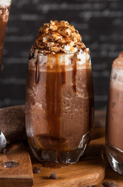 Chocolate milkshake with whipped cream and caramel