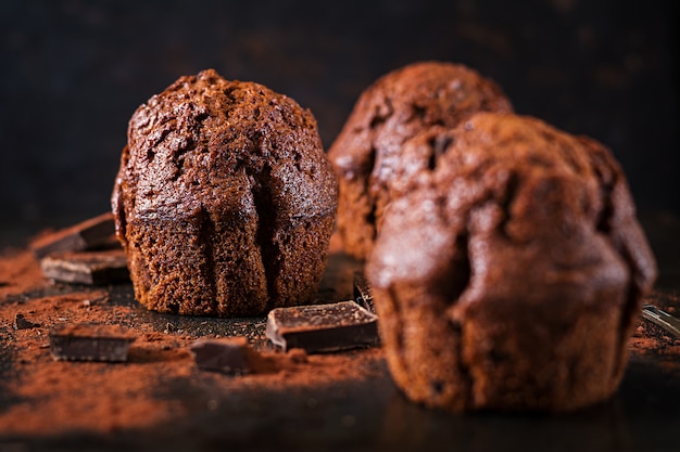 Chocolate muffin on dark surface.