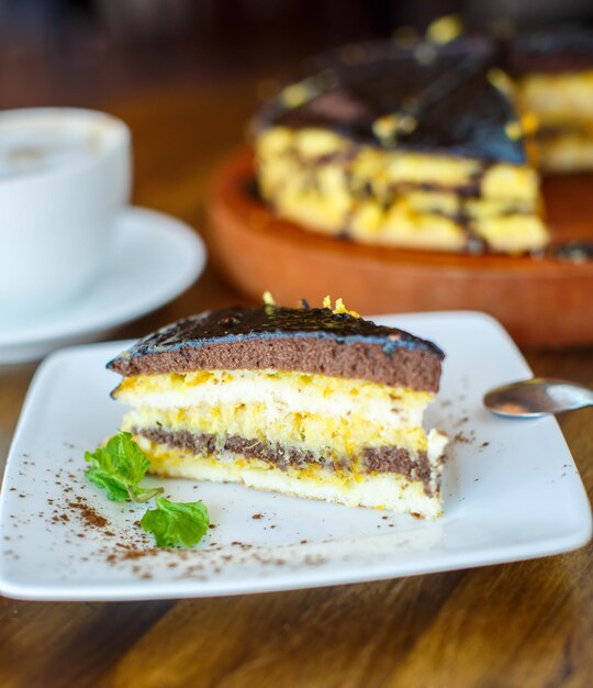 Chocolate orange cake and cappuccino