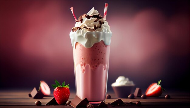Chocolate and strawberry milkshake on wooden table generative AI
