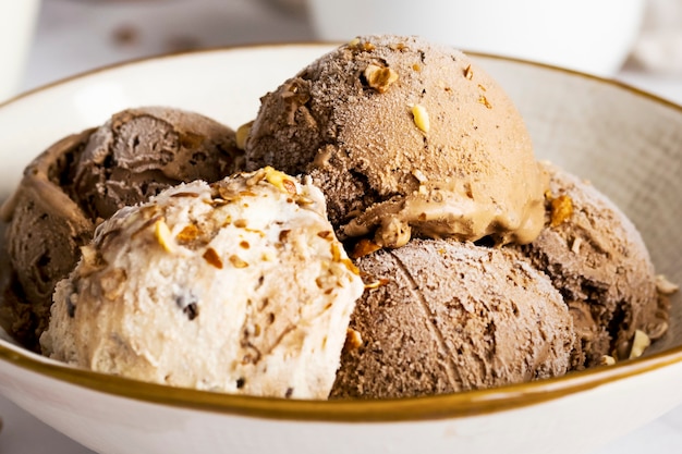 Chocolate and vanilla ice cream bowl dessert close up