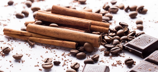 Chocolate with cinnamon and coffee beans