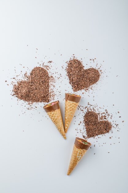 Chocolate with grated chocolate in cones