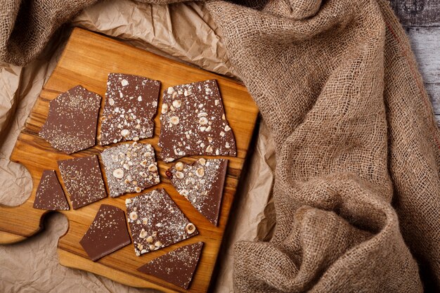 Chocolate on wooden desk.