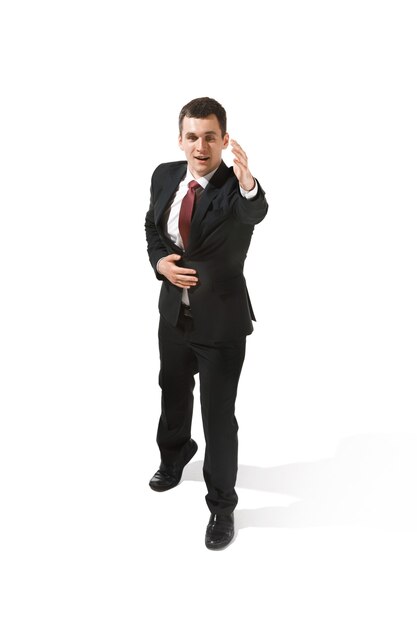 Choose me. Full body view of businessman on white studio background