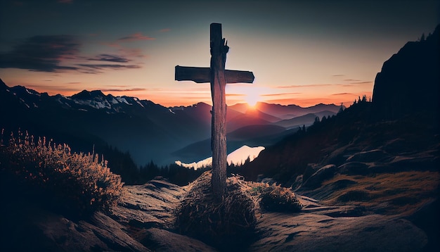 Free photo christianity and nature unite in stunning mountain landscape generative ai