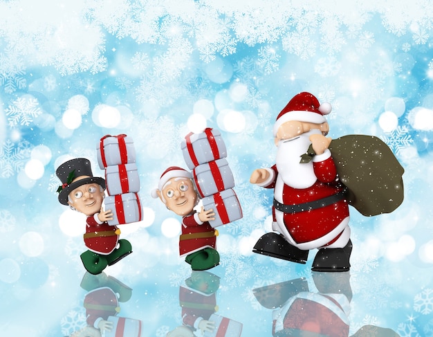 Christmas background with 3D render of Santa and his helpers