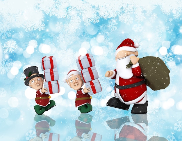 산타와 그의 도우미의 3D 렌더링 크리스마스 배경