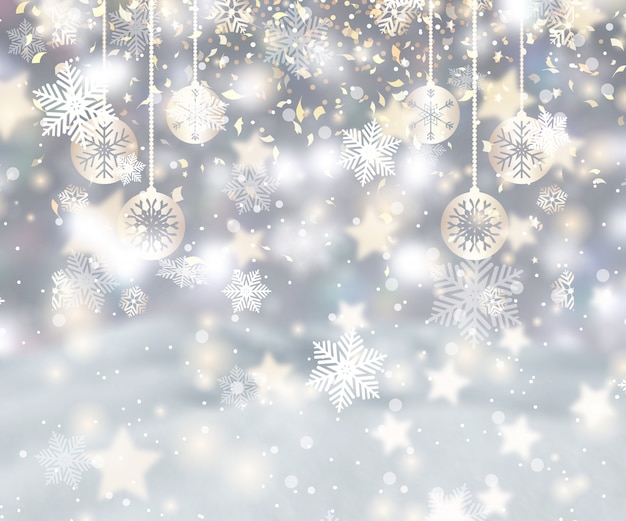 Рождественский фон со снежинками, шарами и конфетти