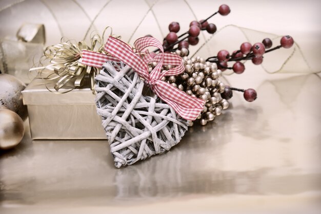 Christmas background with a wooden heart decoration