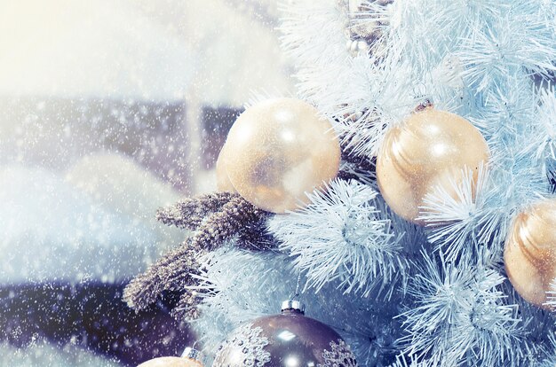 Christmas balls on a white tree