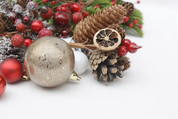 Christmas baubles on a white background