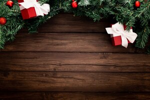 Christmas border on a wooden background