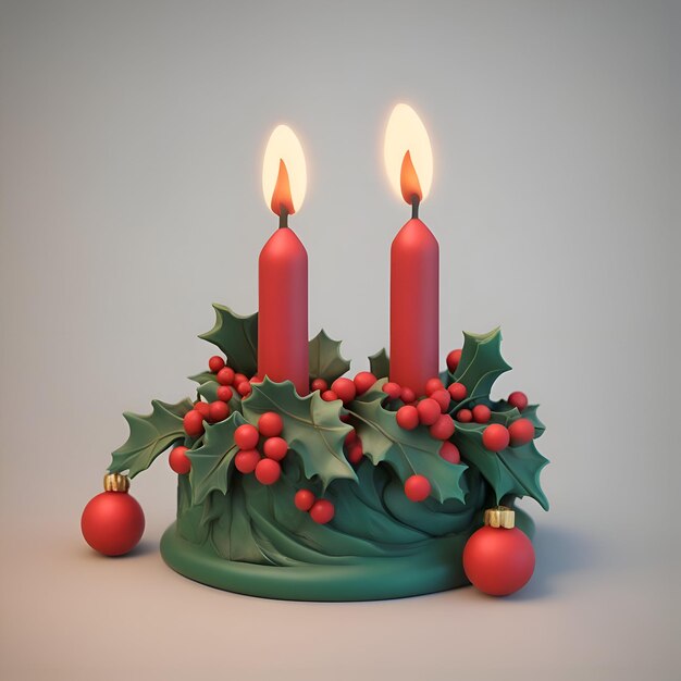 Free photo christmas candle with holly leaves and red bauble on gray background