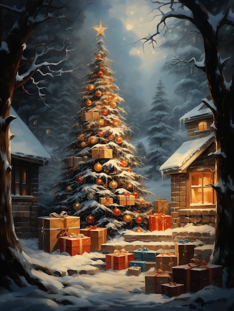 装飾されたツリーでクリスマス祝い