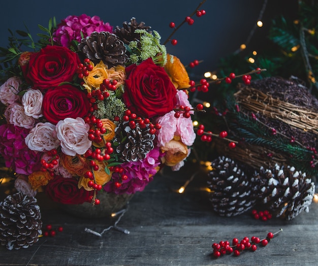 Christmas color bouquet with xmas lights and ornaments