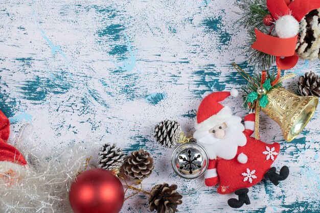 Christmas colorful surface with ornaments and figurines