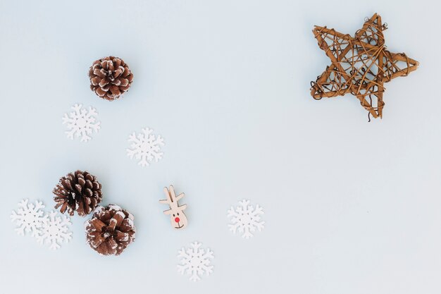 Christmas composition of cones with snowflakes 