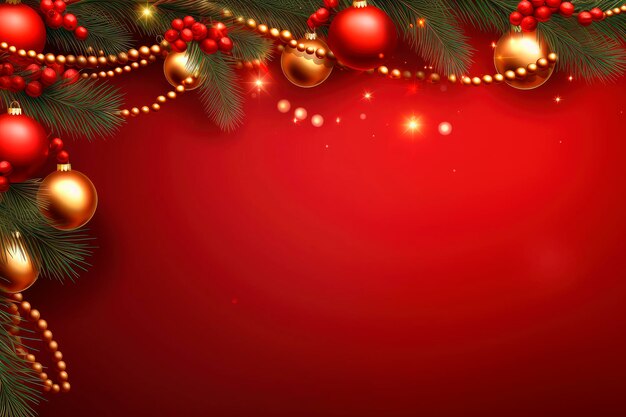 Рождественская композиция Гирлянда из красных шаров и еловых веток на красном фоне Рождество зима новый год концепция Вид сверху пространство для копирования