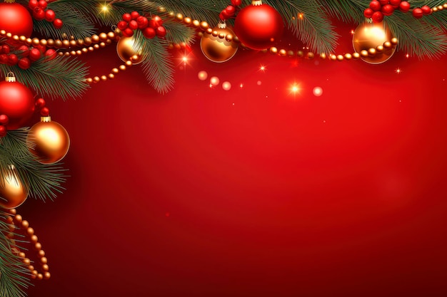 크리스마스 컴포지션 갈랜드는 빨간색 배경에 빨간색 공과 전나무 가지로 만들어졌습니다. 크리스마스 겨울 새해 개념상위 뷰 복사 공간