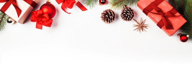 Composizione natalizia con regali, rami di abete, decorazioni rosse su sfondo bianco spazio per la copia della vista dall'alto del concetto di natale inverno capodanno