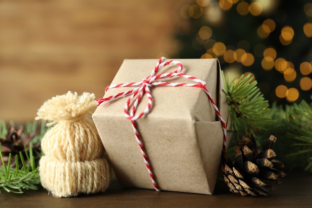 Christmas concept with gift box, close up and bokeh.