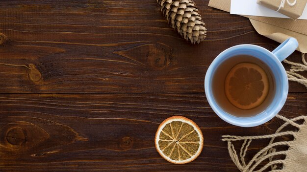 Christmas concept on wooden table with copy space