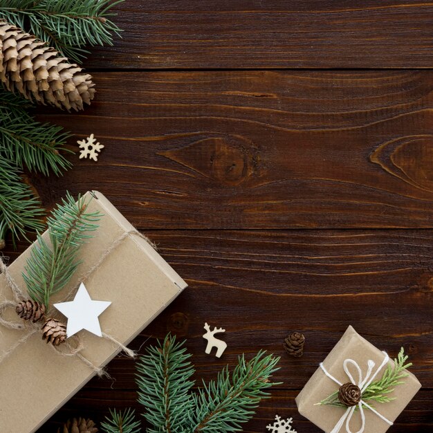 Christmas concept on wooden table with copy space