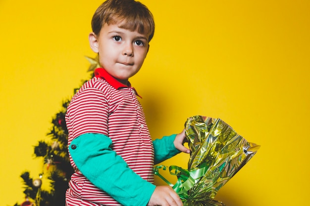 Christmas concepto with kid holding flowers