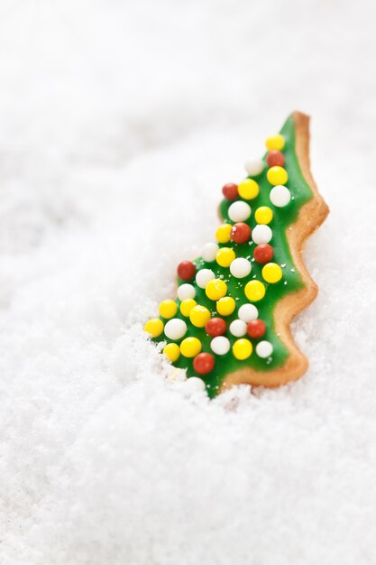 Christmas cookie, glazed christmas tree shape on a snow, closeup, selective focus