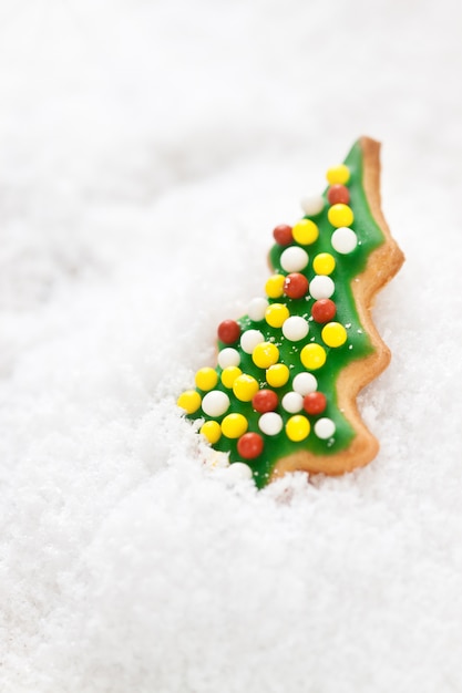 Рождественский печенье, глазурованная форма елки на снегу, крупным планом, селективный фокус