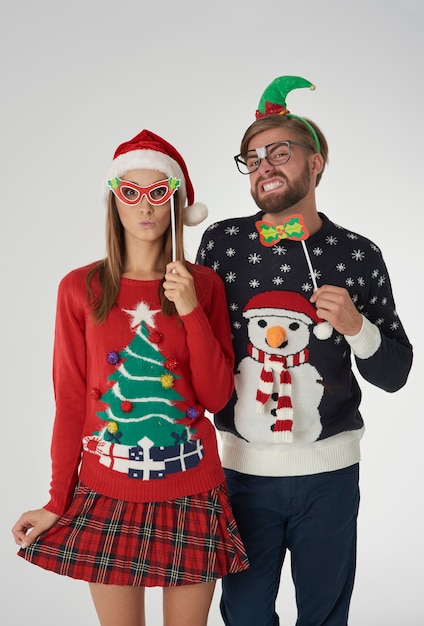 Christmas couple with funny masks