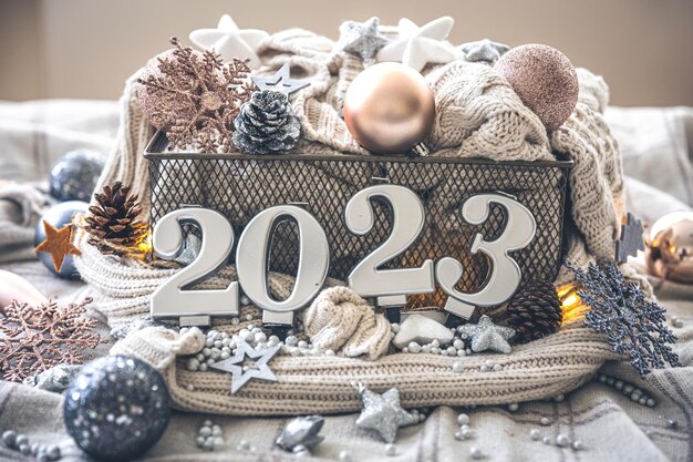 Christmas cozy background with numbers 2023 and decor details