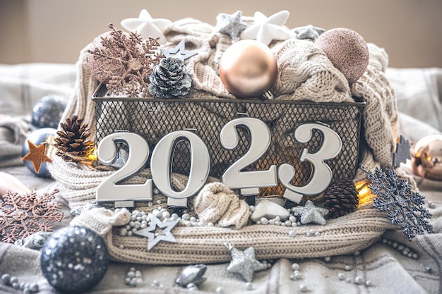 Christmas cozy background with numbers 2023 and decor details