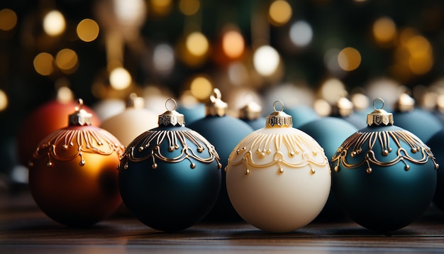 Decorazione natalizia: un ornamento dorato brillante su uno sfondo scuro generato dall'intelligenza artificiale