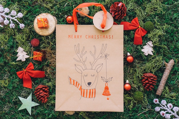 Christmas decoration on grass with bag