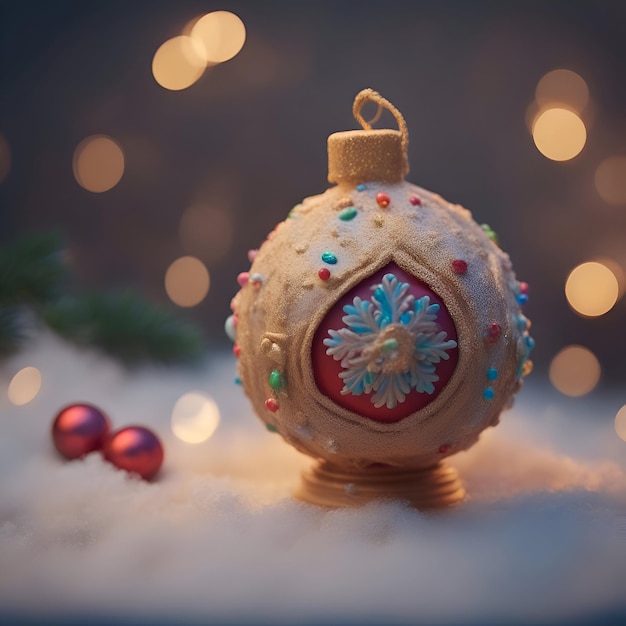 Free photo christmas decoration on snow with bokeh lights background christmas greeting card