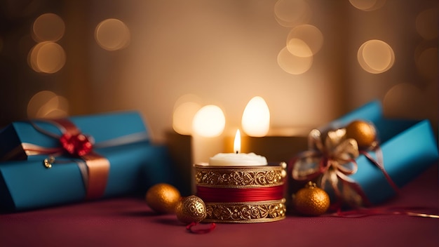 Foto gratuita decorazione natalizia con candele e confezioni regalo su sfondo bokeh