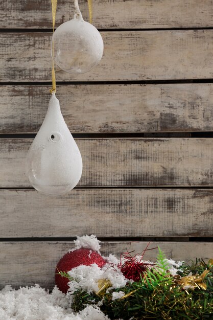 Christmas decoration with fake snow and light bulbs