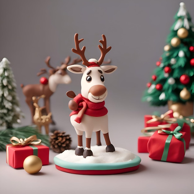 トナカイのギフトボックスとクリスマスツリーのクリスマスデコレーション
