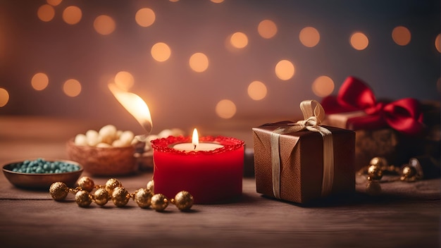 Foto gratuita decorazione di natale su fondo di legno con luci bokeh e candela rossa