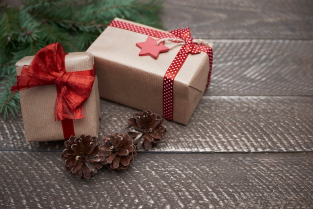 Christmas decorations on the brown wood