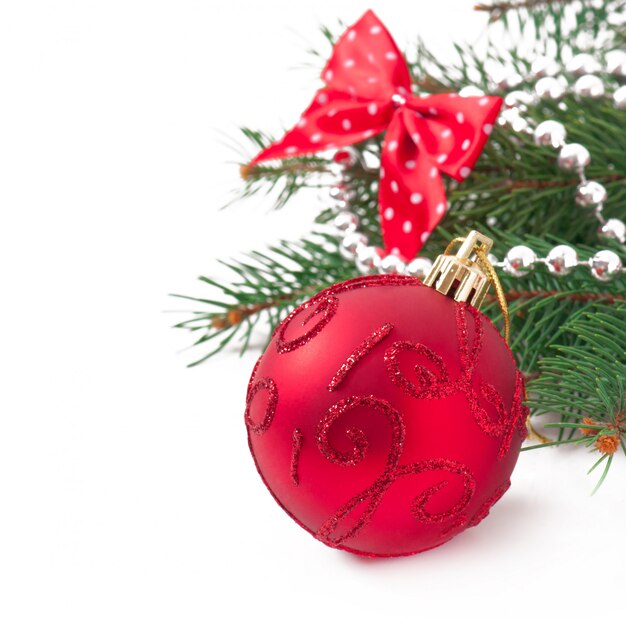 Christmas decorations and fir branches on the old wooden table