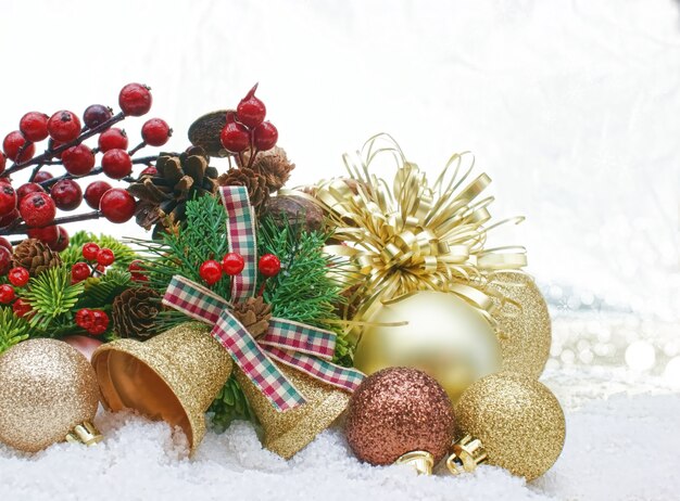 Christmas decorations nestled in snow