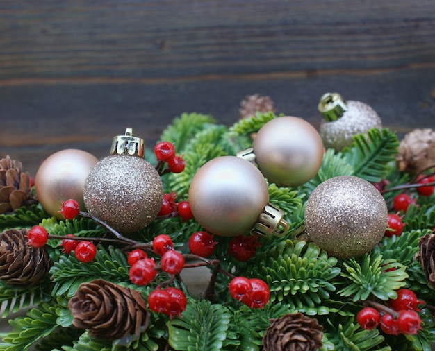 Christmas decorations with a wooden background