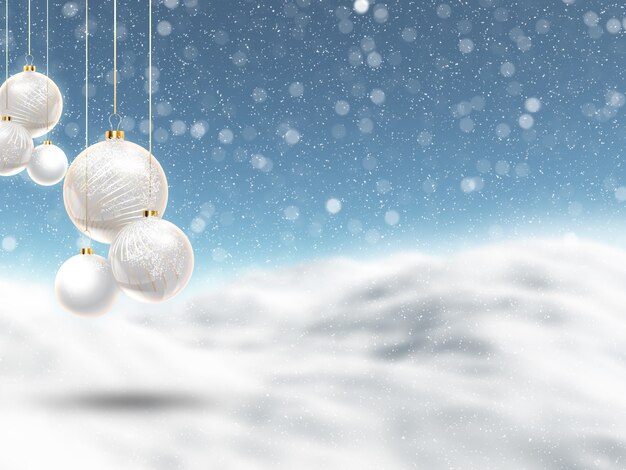 Висячие рождественские шары на расфокусированный зимний пейзаж